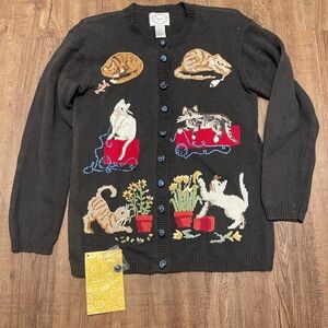 Black Button Up Cardigan with Cat Embroidery- Small
